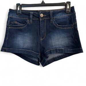 Dark blue YMI denim shorts.